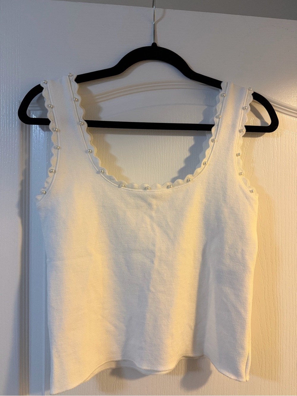 Zara White Pearl-Trim Scoop Tank Top